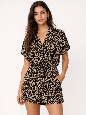 H&M Women's Printed Romper Black & Tan Elastic Waist Size XS